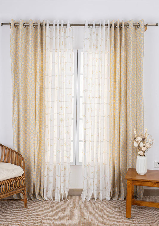 Pakkshi Printed Light Reduction Curtain & Kaanta Sheer - 100% Cotton for Living Room & Bedroom - Pack of 4