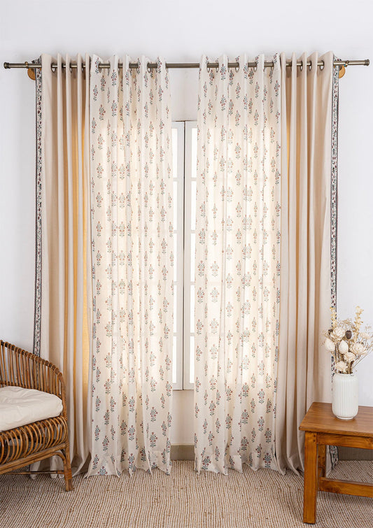Kadamba Beige Plain Room Darkening Curtain & Palash Printed Sheer - 100% Cotton for Living Room & Bedroom - Pack of 4