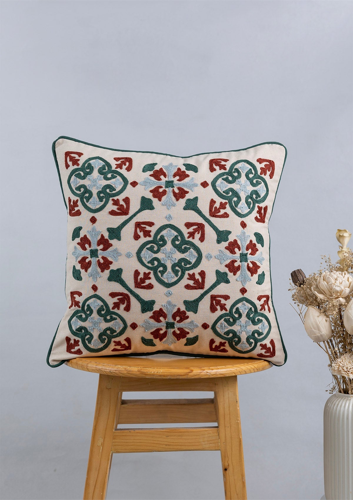 Peridot Embroidered & Garnet Printed 100% Cotton Cushion Covers for Sofa - Red and Green - Pack of 2
