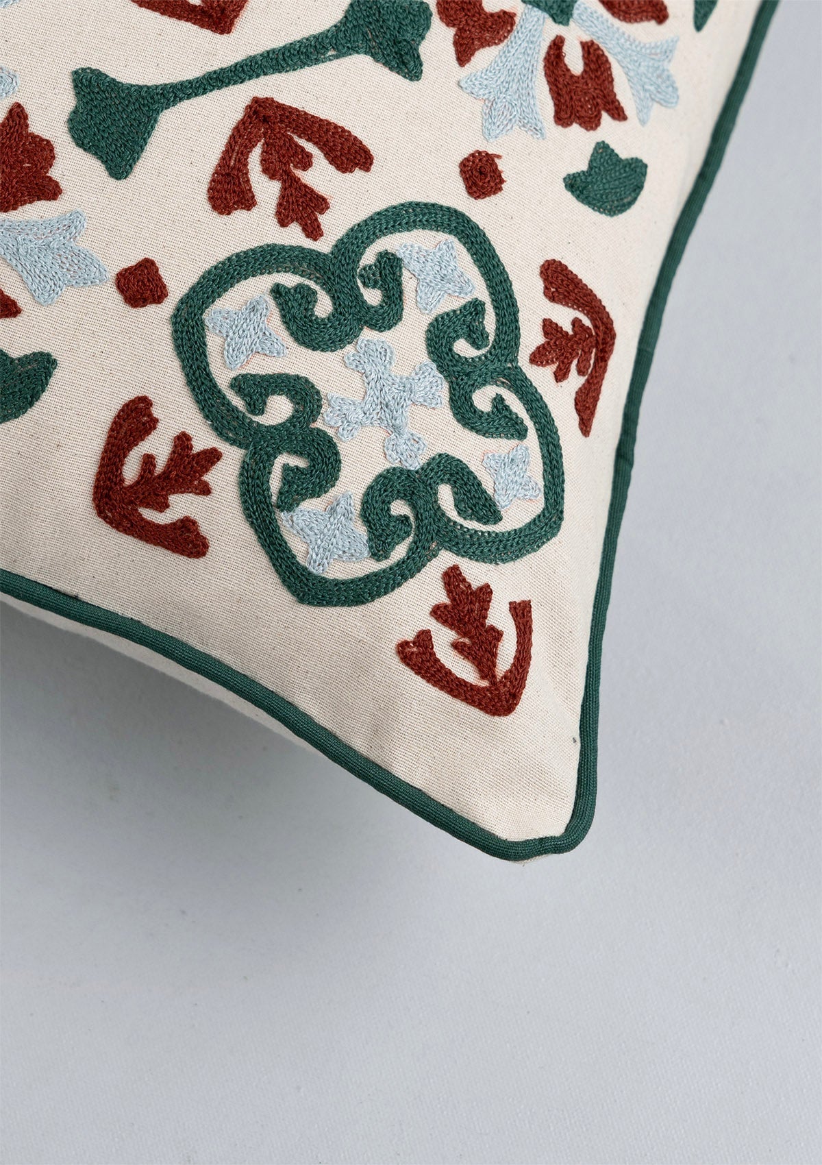 Peridot 100% Cotton Embroidered Red and Green Cushion Cover - 16"