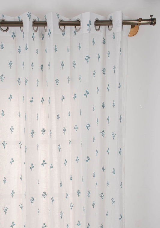 Petal floral Embroidered 100% cotton Sheer Curtain for living room - Light filtering - Nile blue - Single Piece
