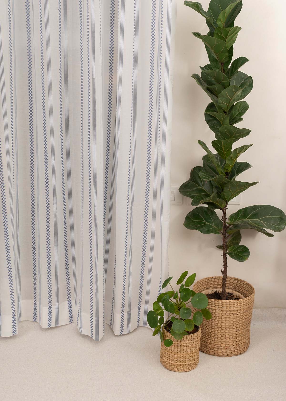 Picket Fence Royal Blue 100% Cotton Sheer Geometric curtain for Living room & bedroom - Light filtering - Single Piece