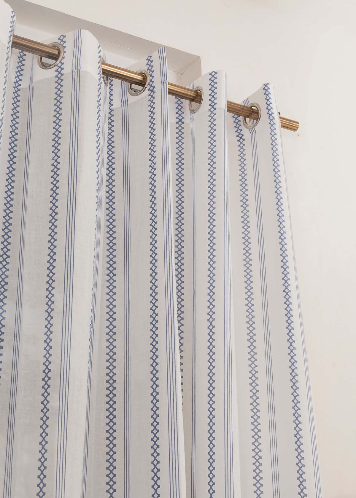 Picket Fence Royal Blue 100% Cotton Sheer Geometric curtain for Living room & bedroom - Light filtering - Single Piece