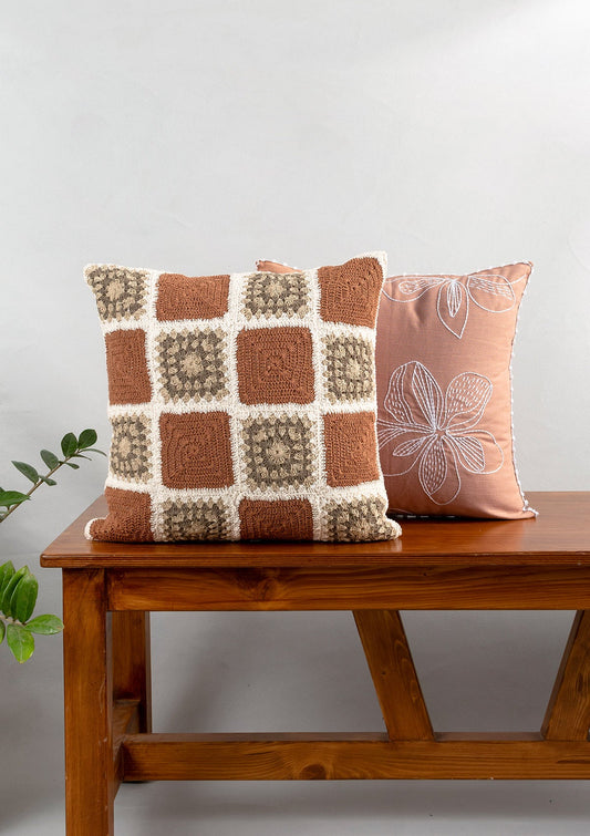 Prism Crochet Geometric Fusion Cushion Cover – 100% Cotton - Rust