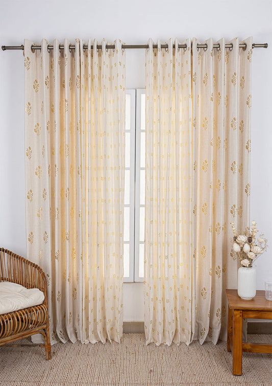 Roha Gold Printed Linen Light Reduction Curtain & Induja Gold Printed Sheer - 100% Cotton for Living Room & Bedroom - Pack of 4