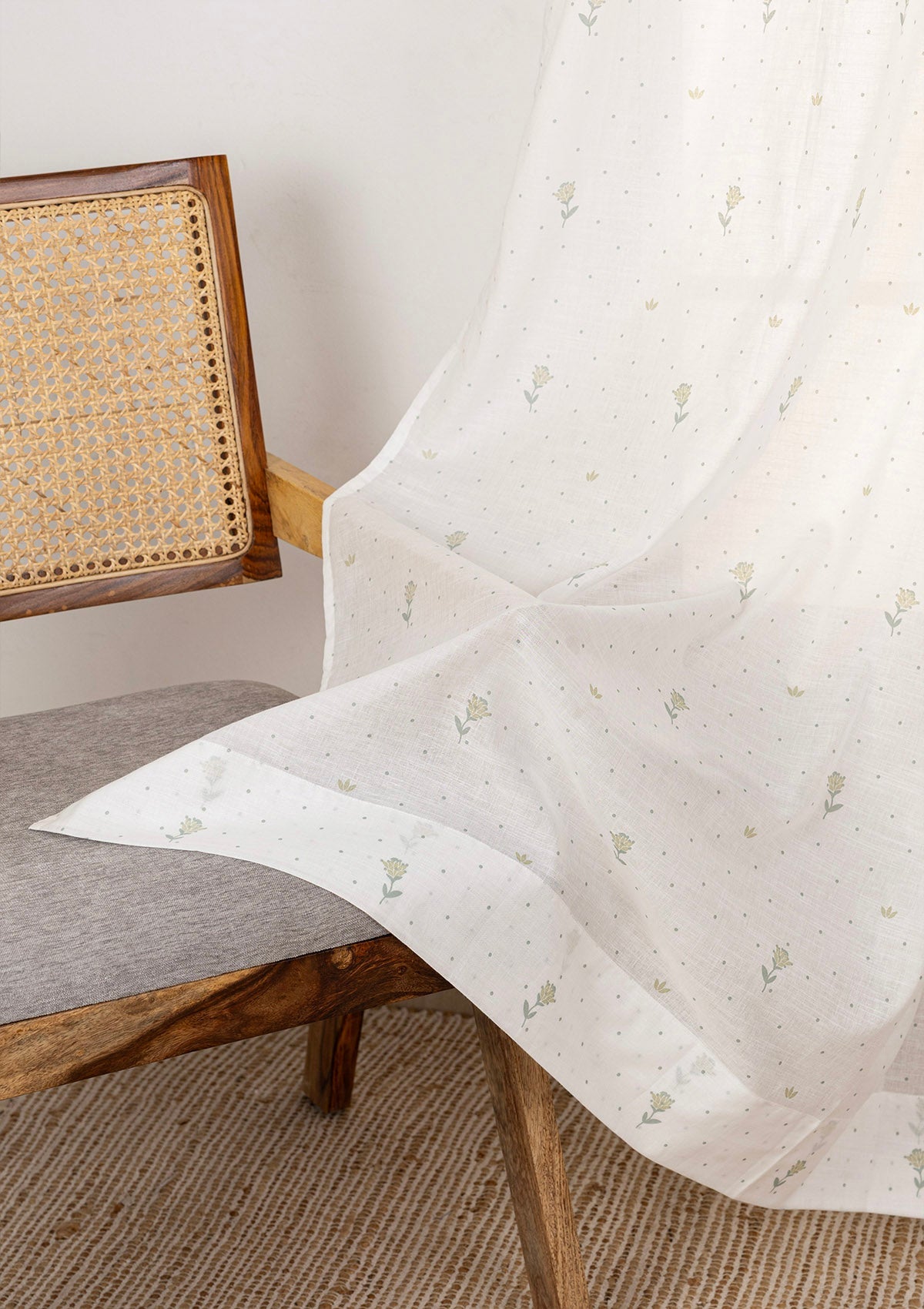 Roselle Sage Green Floral Printed 100% Cotton Sheer Curtain For Living Room | Light Reduction | Single Piece