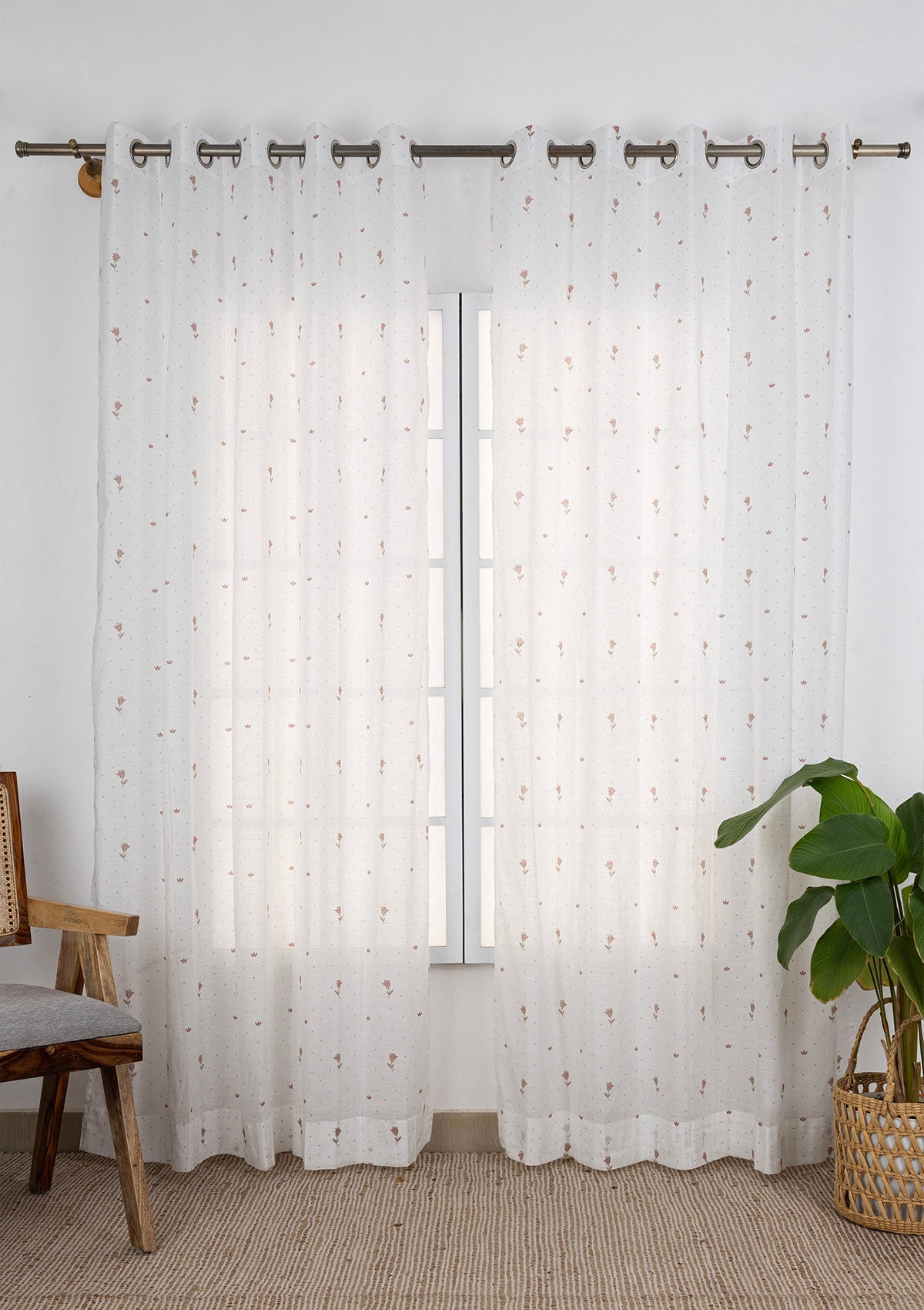 Roselle Pink Floral Printed 100% Cotton Sheer Curtain For Bedroom | Light Reduction | Single Piece
