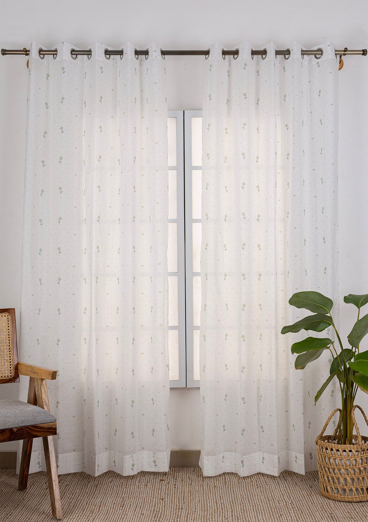 Roselle Sage Green Floral Printed 100% Cotton Sheer Curtain For Living Room | Light Reduction | Single Piece