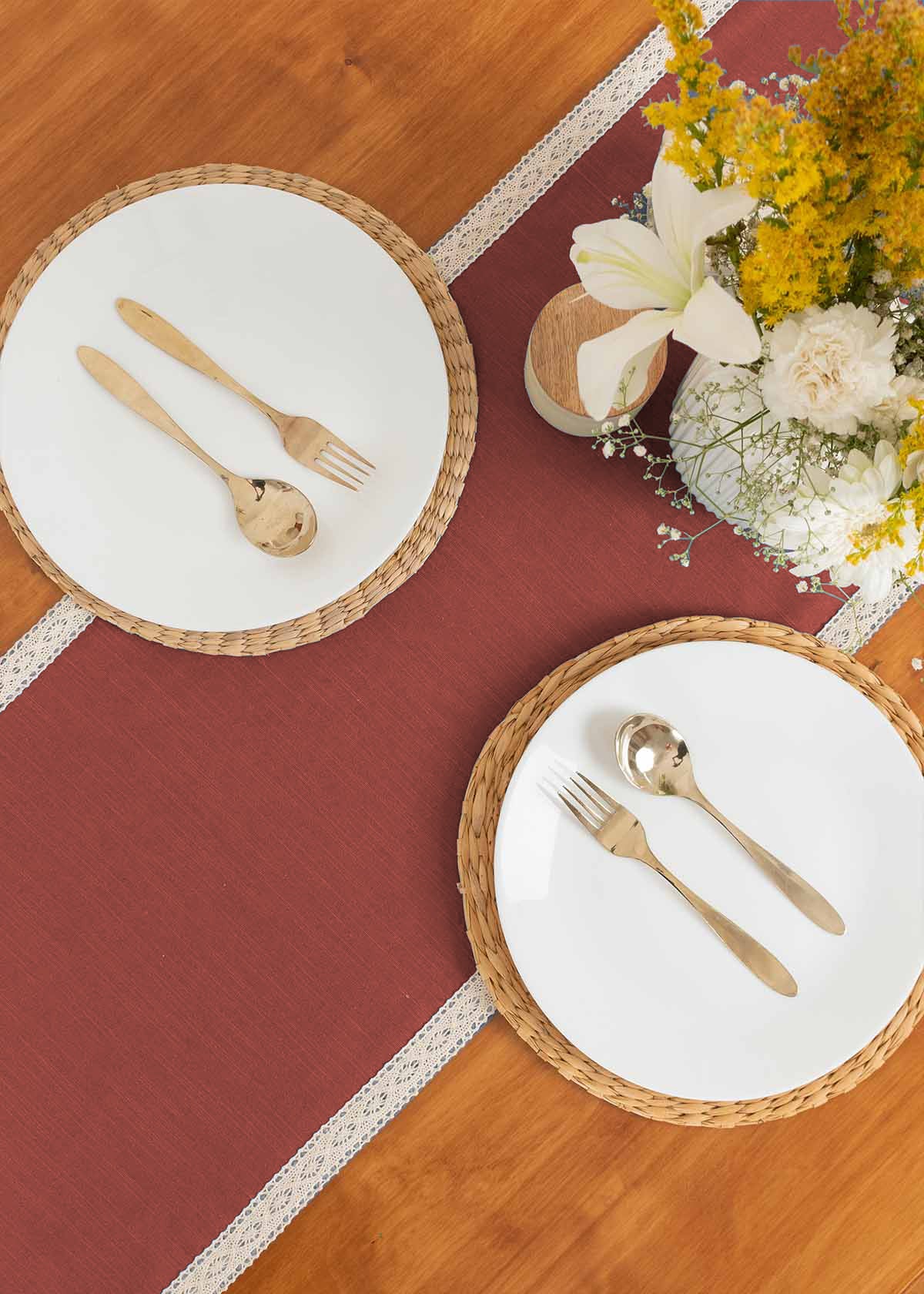 Solid Brick Red 100% cotton plain table runner for 4 seater or 6 seater dining with lace border - Brick red