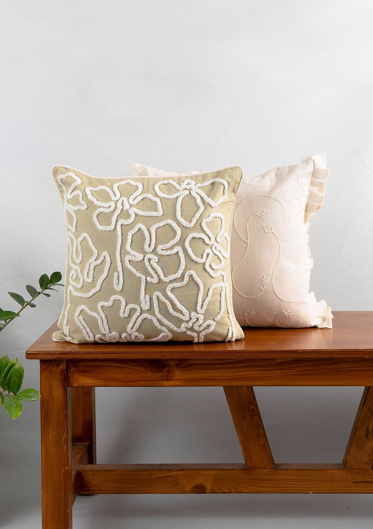 Stella Embroidered Flower Pattern 100% Cotton Cushion Cover for Sofa - Herb Green