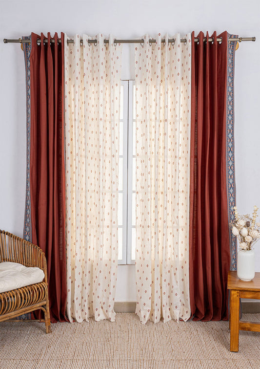 Tara Brick Red Room Darkening Curtain & Noor Minimal Sheer - 100% Cotton for Living Room & Bedroom - Pack of 4