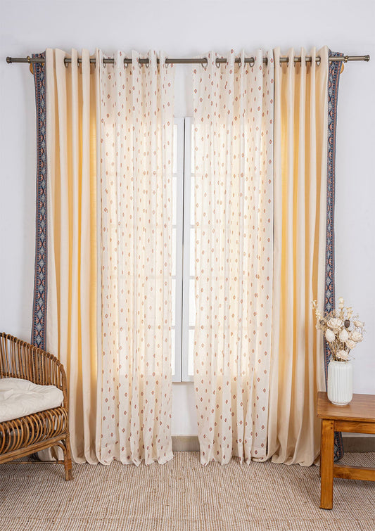 Tara Cream Light Reduction Curtain & Noor Minimal Sheer - 100% Cotton for Living Room & Bedroom - Pack of 4