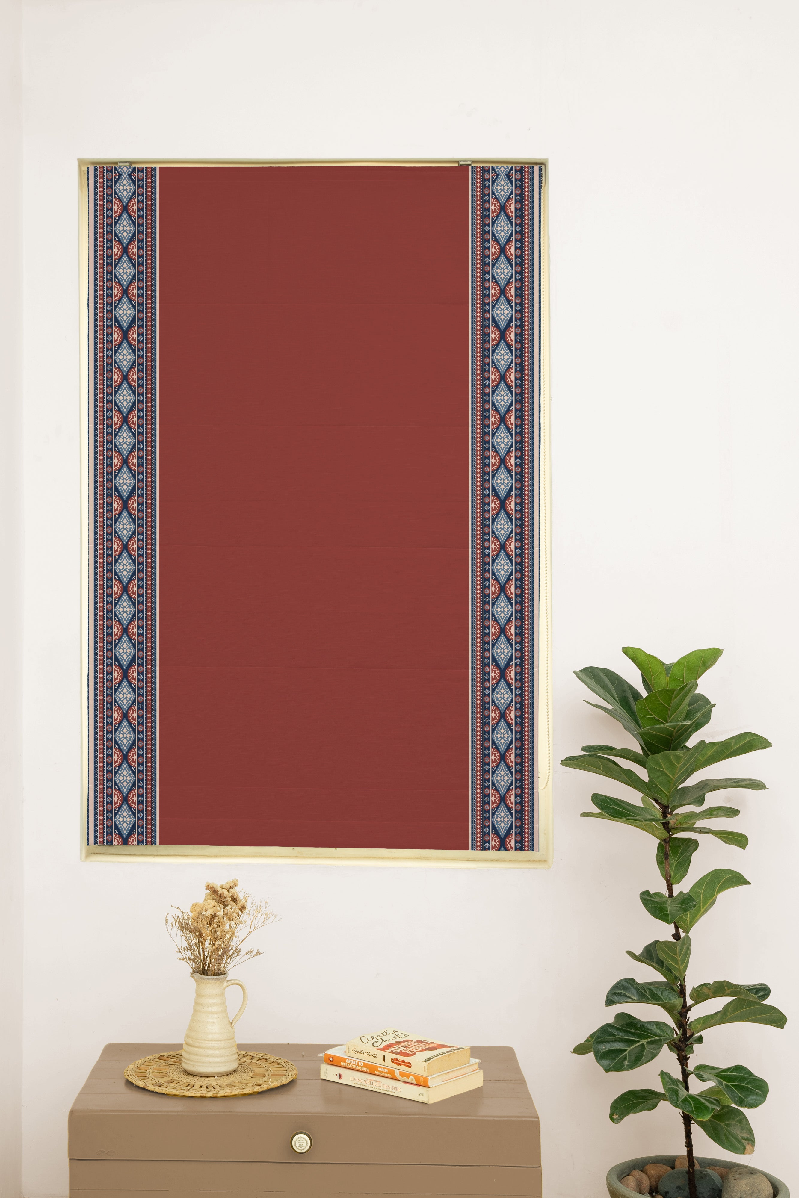Tara Brick red 100% Cotton with Trim Customizable blind for livingroom & Bedrooms - Room Darkening - Brick Red