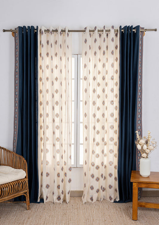 Tara Indigo Room Darkening Curtain & Sapphire Textured Sheer - 100% Cotton for Living Room & Bedroom - Pack of 4