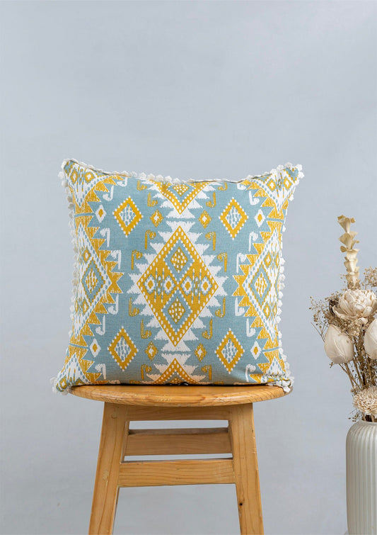 Topaz 100% Cotton Printed Blue and Yellow Cushion Cover - 16"