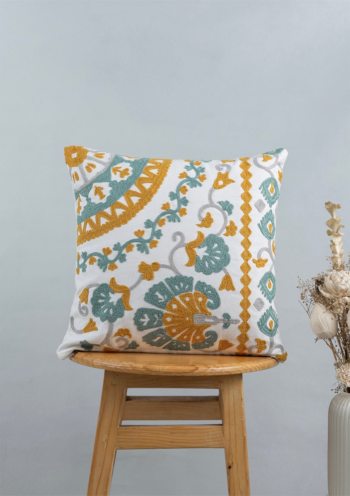 Tura Embroidered & Topaz Printed 100% Cotton Cushion Covers for Sofa - Blue and Yellow - Pack of 2