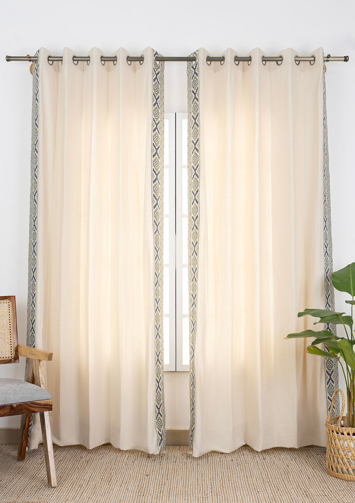 Glen Beige Embroidered Trim 100% Cotton Curtain For Living Room | Room Darkening | Single Piece