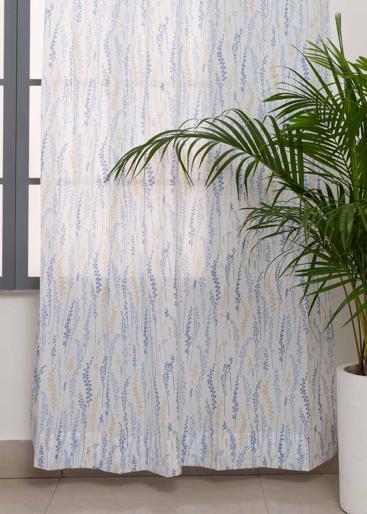 Grass Fields Blue 100% cotton sheer floral curtain for living room - Light filtering - Single Piece