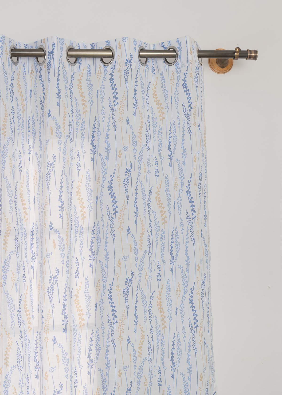 Grass Fields Blue 100% cotton sheer floral curtain for living room - Light filtering - Single Piece