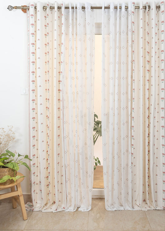 Lotus Pond, Sacred Waters Sheer Set Of 4 Combo Cotton Curtain - Off White