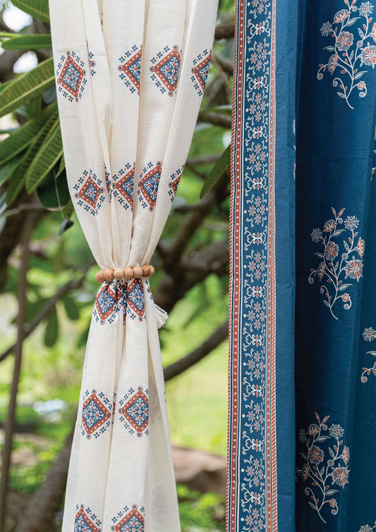 Neela Printed Room Darkening Curtain & Sapphire Textured Sheer - 100% Cotton for Living Room & Bedroom - Pack of 4