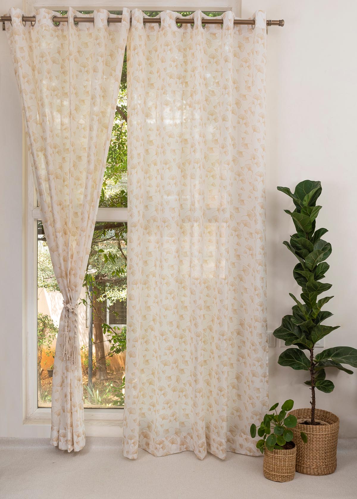 Gingko Beige 100% cotton sheer floral curtain for living room - Light filtering - Single Piece