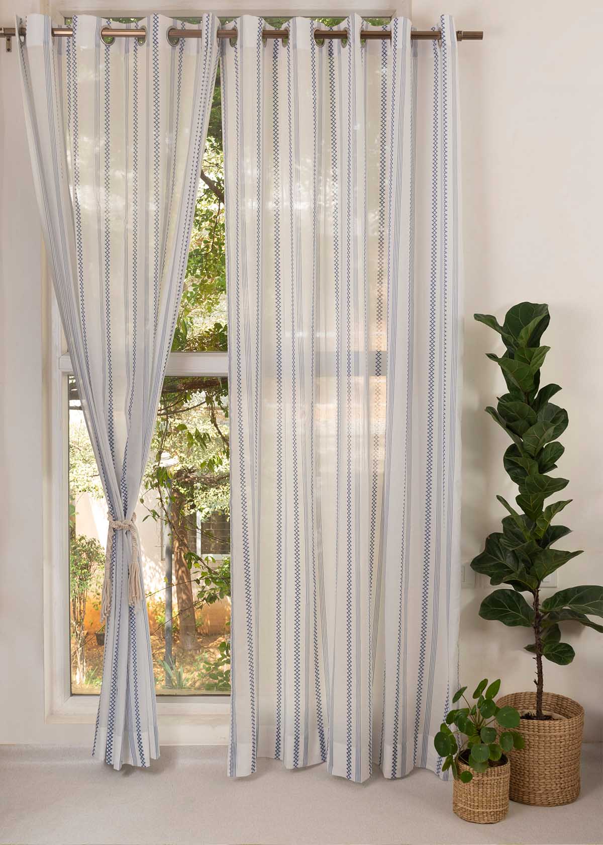 Picket Fence Royal Blue 100% Cotton Sheer Geometric curtain for Living room & bedroom - Light filtering - Single Piece