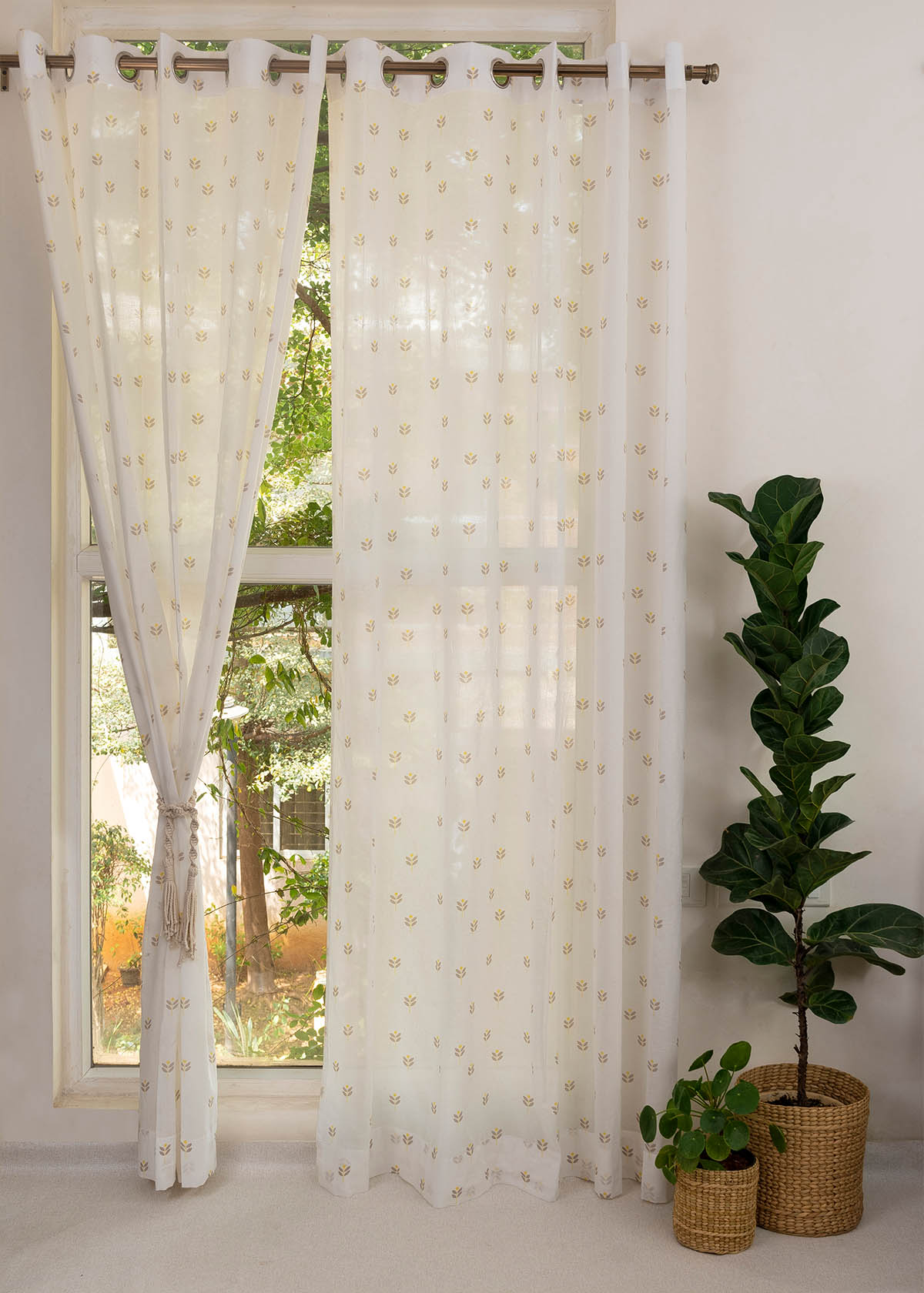 Sapling printed sheer Fabric - Yellow