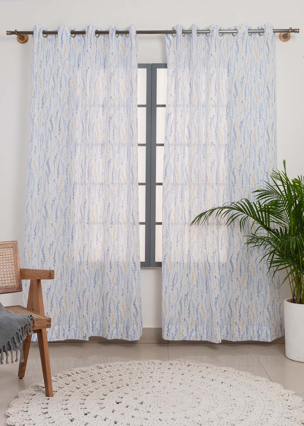 Grass Fields Blue 100% cotton sheer floral curtain for living room - Light filtering - Single Piece
