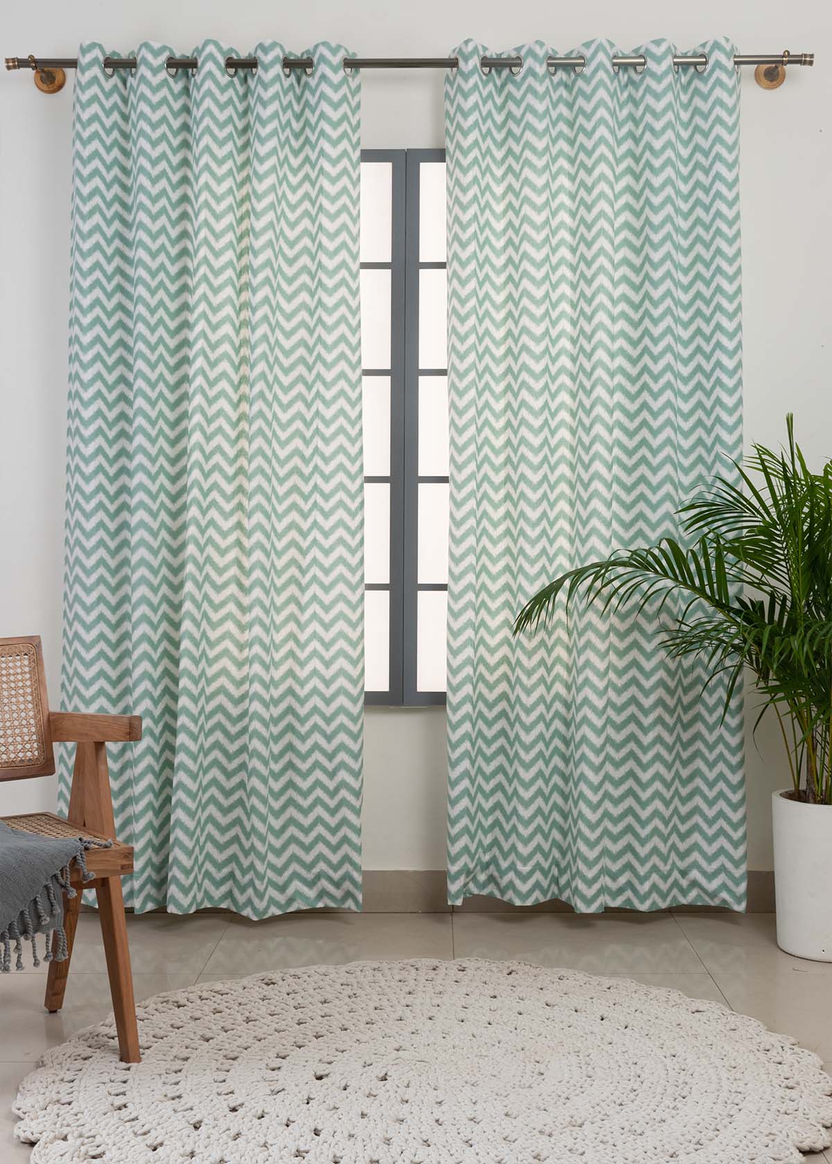 Ikat Chevron Nile Blue 100% cotton geometric curtain for living room - Room darkening - Single Piece
