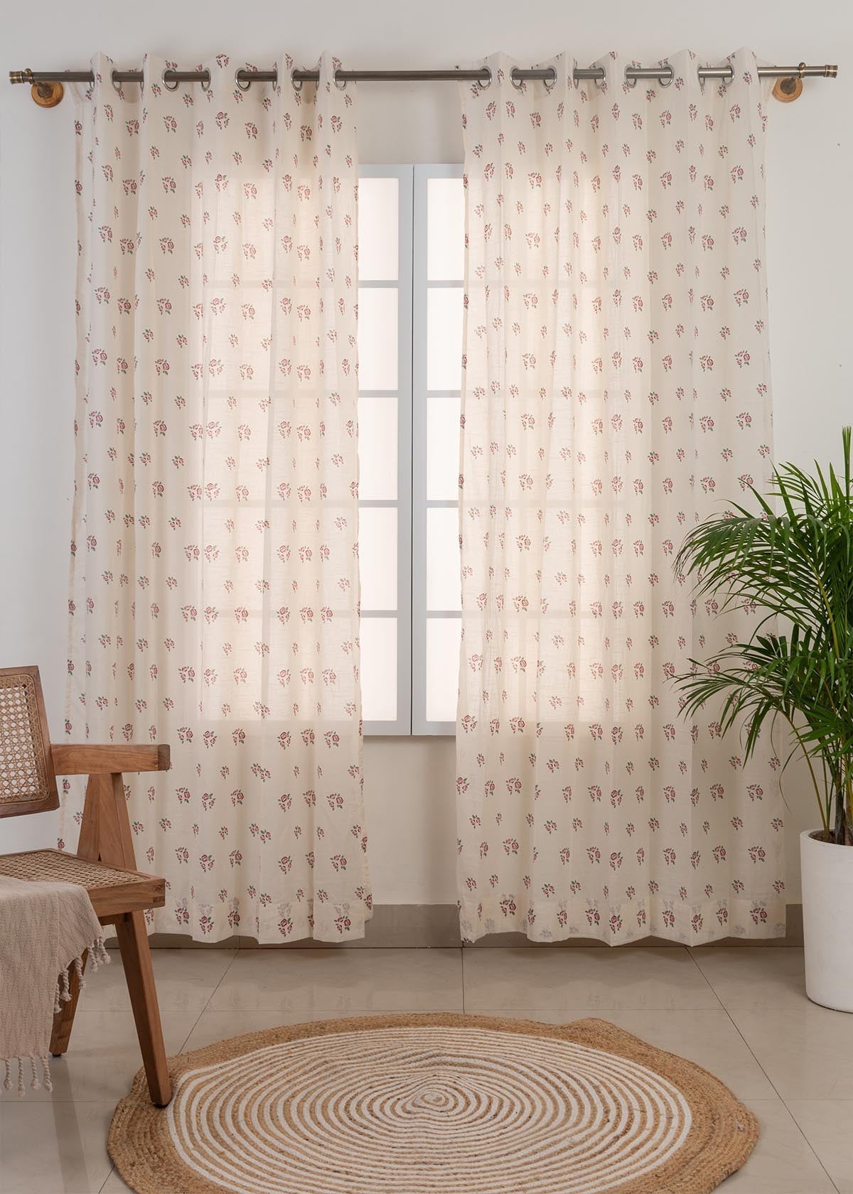 Rose Garden Wine Red 100% Cotton Sheer floral curtain for Living room - Light filtering - Single Piece