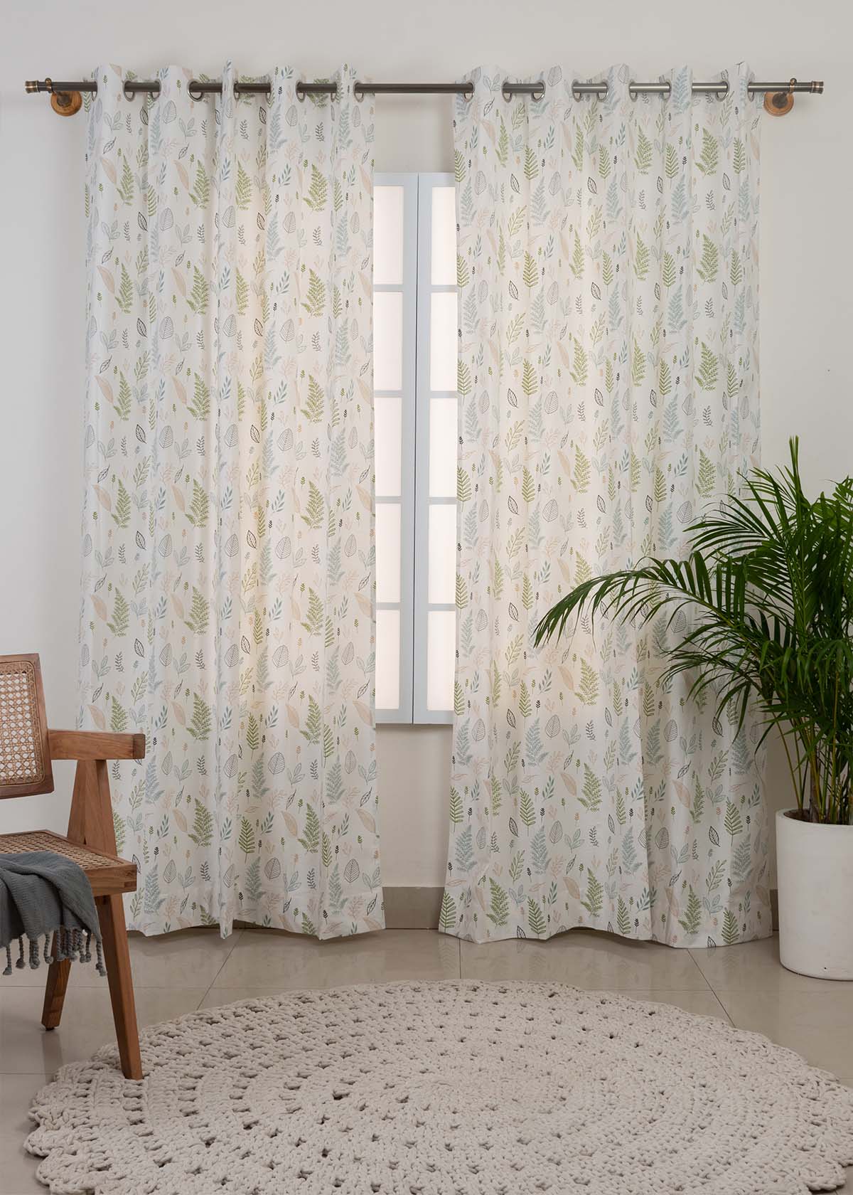 Rustling Leaves Green 100% cotton floral curtain for bed room - Light Reduction - Single Piece
