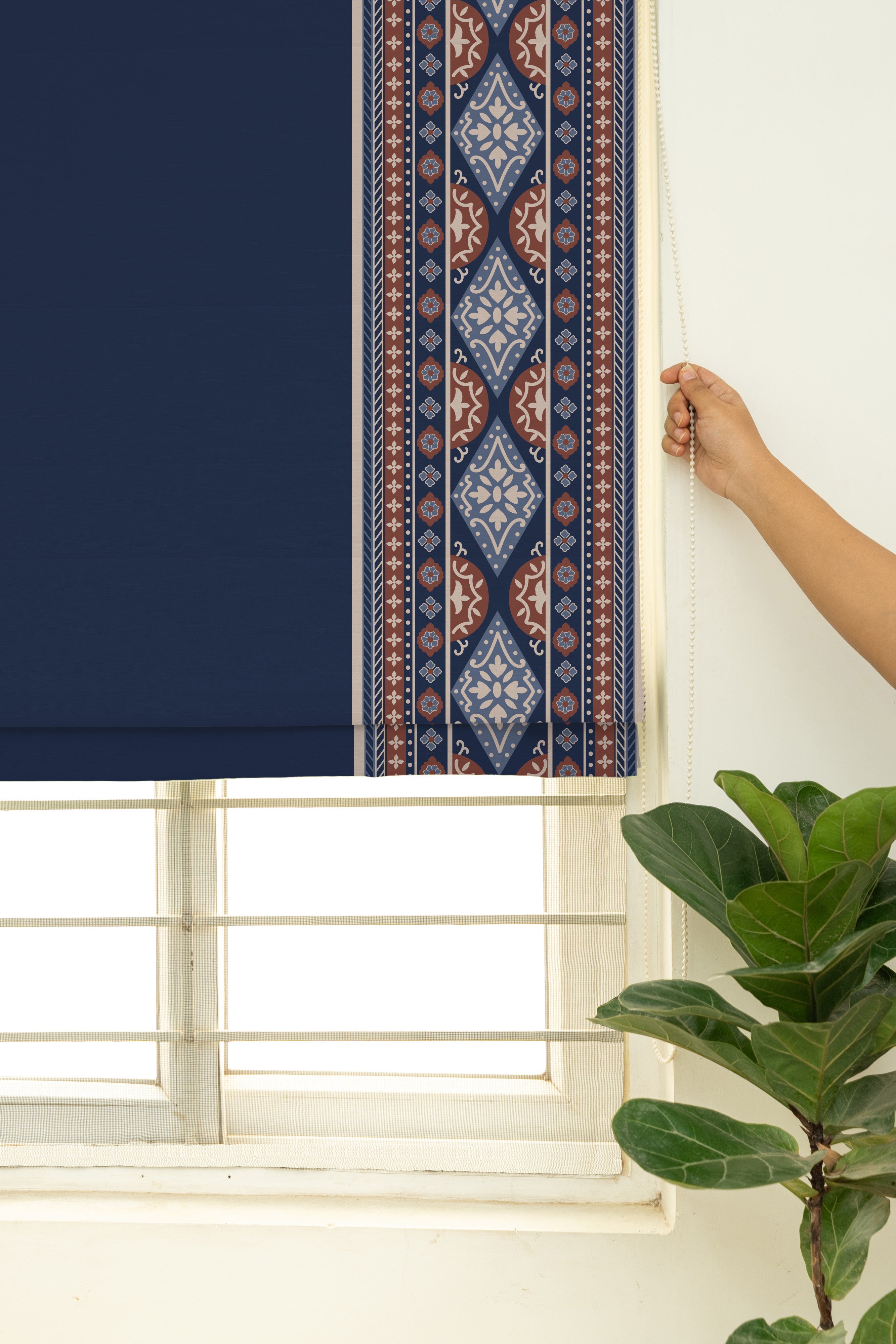 Tara Indigo 100% Cotton with Trim Customizable blind for livingroom & Bedrooms - Room Darkening - Indigo & Red