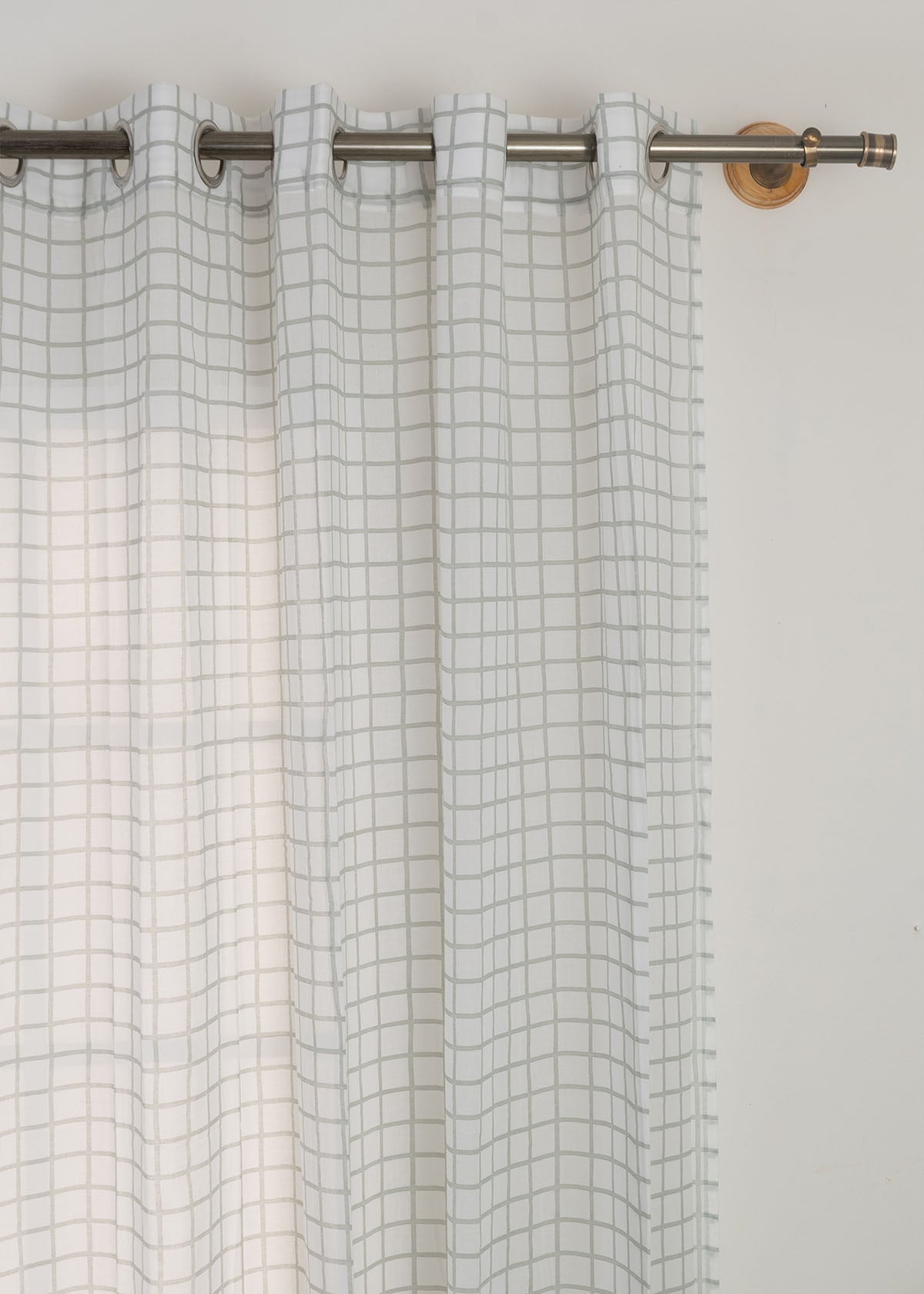 Uneven checks geometric 100 % cotton sheer curtain for Living room & bedroom - Light filtering - Grey - Single Piece