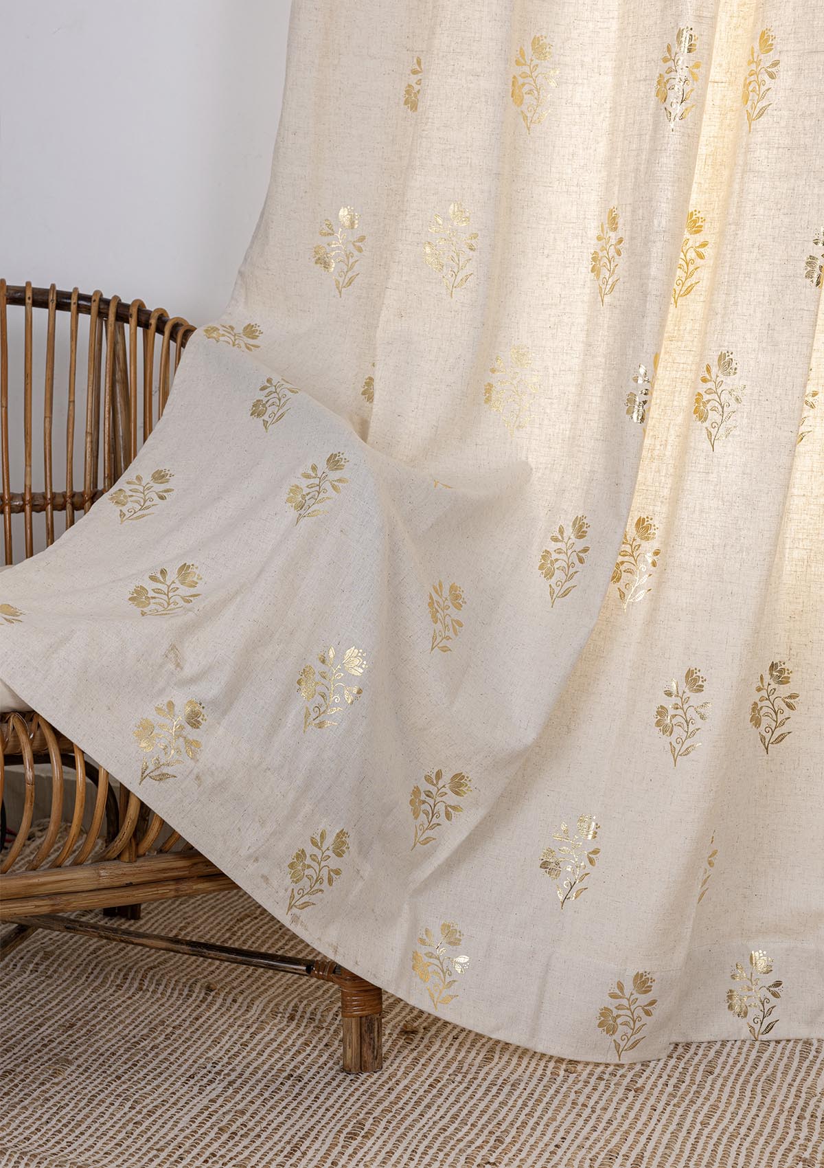 Roha Linen Cotton  Gold Printed  Curtain for living room - Light Reduction - Beige- Single Piece