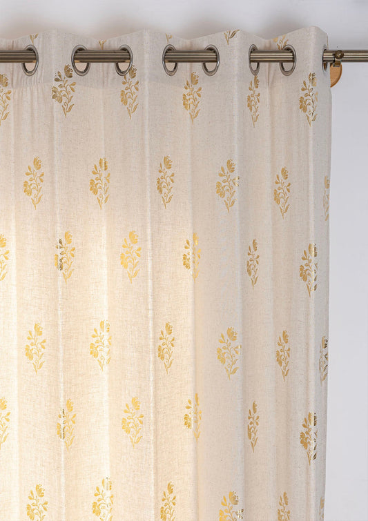 Roha Linen Cotton Gold Printed Curtain for living room - Light Reduction - Beige- Single Piece