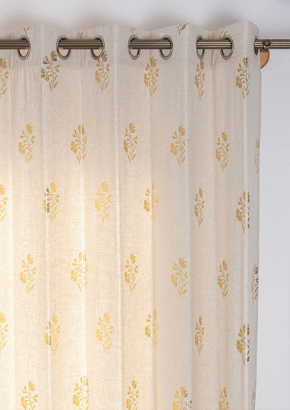 Roha Linen Cotton  Gold Printed  Curtain for living room - Light Reduction - Beige- Single Piece