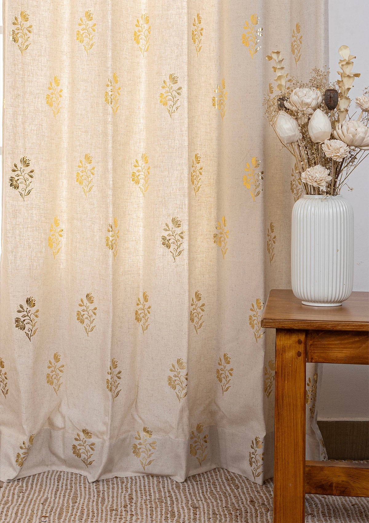 Roha Linen Cotton  Gold Printed  Curtain for living room - Light Reduction - Beige- Single Piece