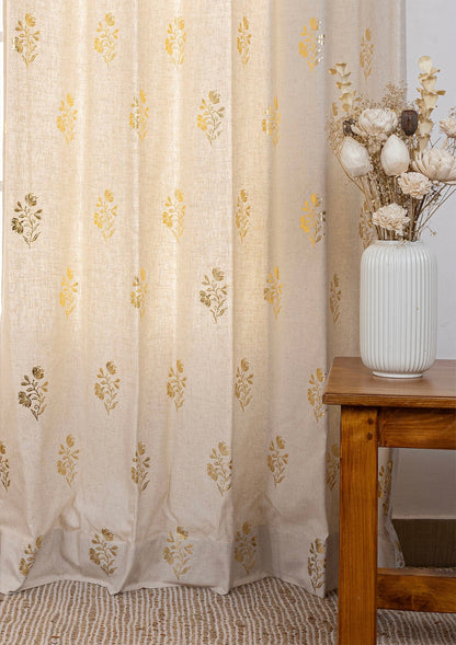 Roha Linen Cotton  Gold Printed  Curtain for living room - Light Reduction - Beige- Single Piece