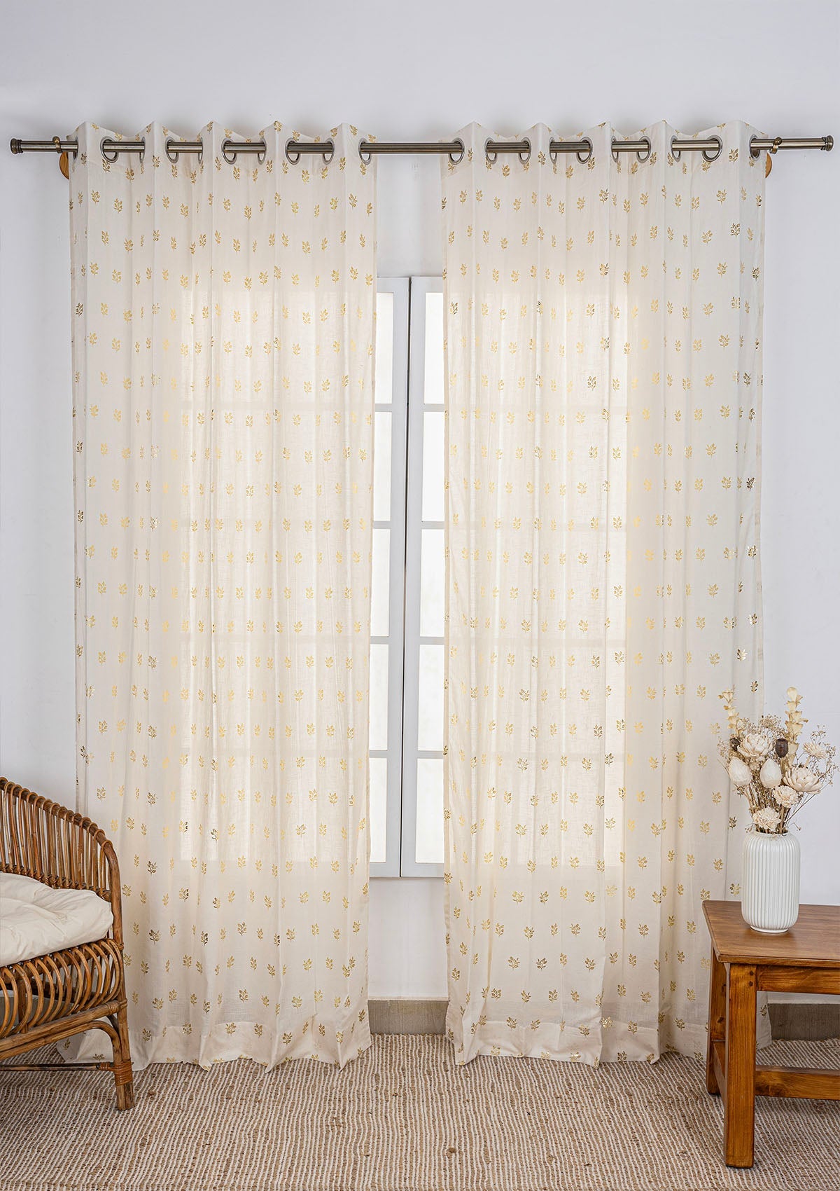 Induja 100% Cotton Sheer Gold Printed Curtain for living room & bedroom - Light Filtering - Beige - Single Piece