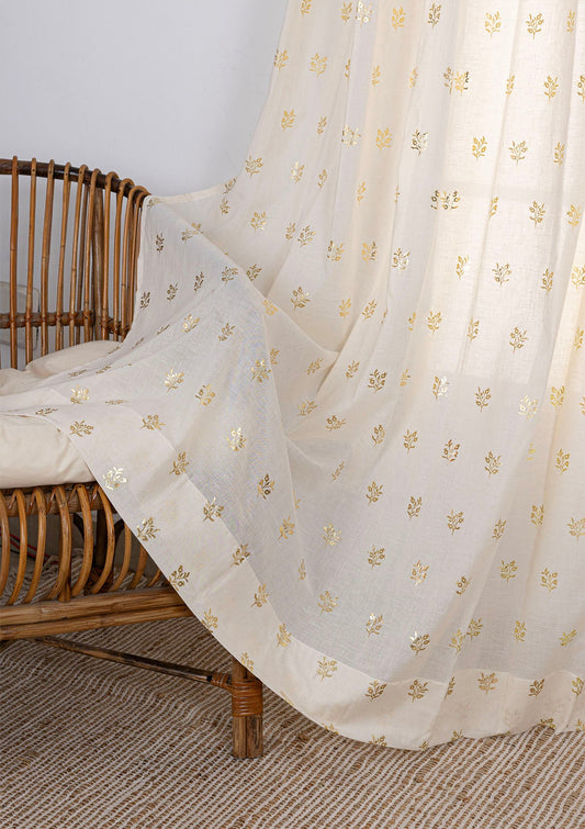 Induja 100% Cotton Sheer Gold Printed Curtain for living room & bedroom - Light Filtering - Beige - Single Piece