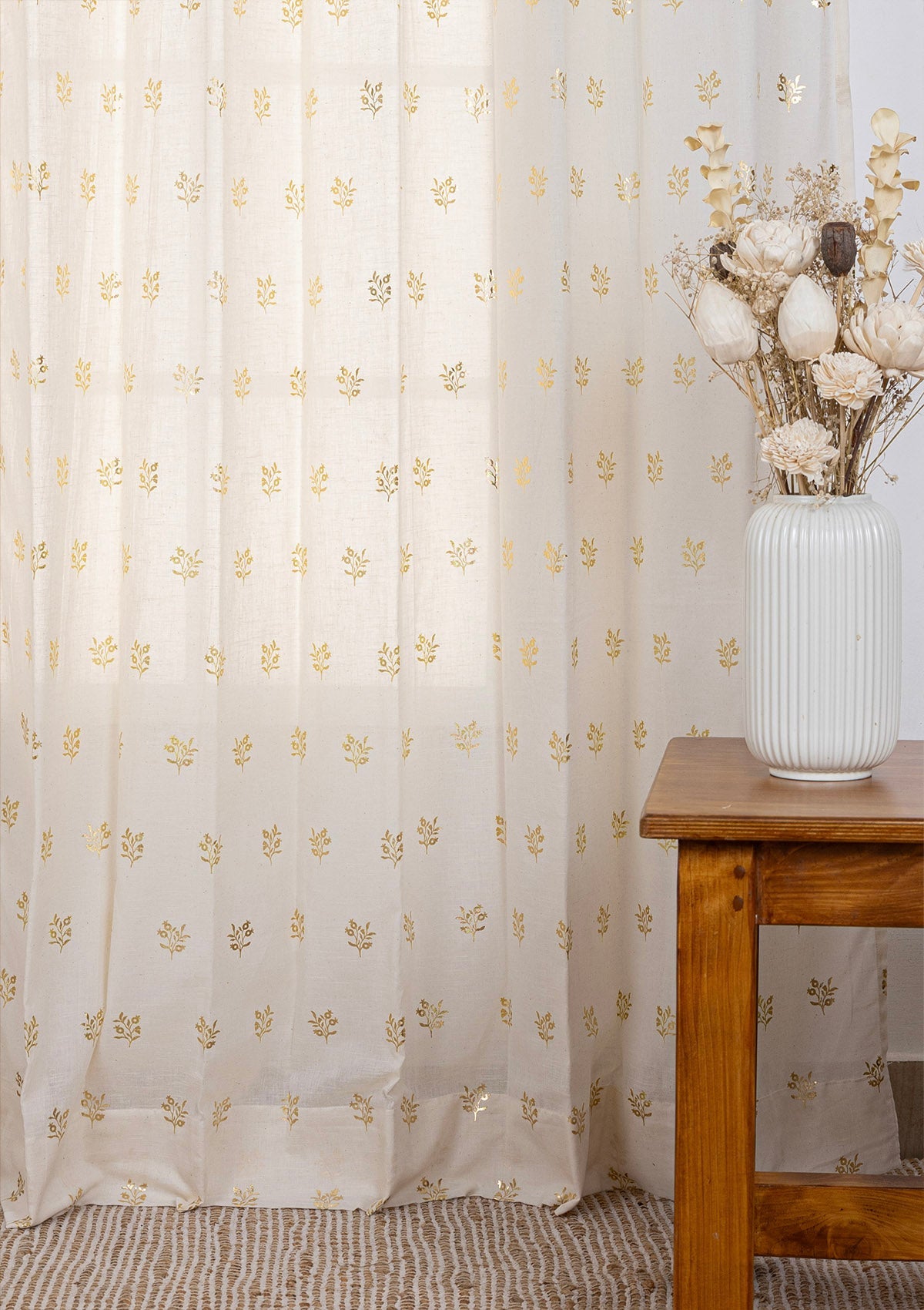 Induja 100% Cotton Sheer Gold Printed Curtain for living room & bedroom - Light Filtering - Beige - Single Piece