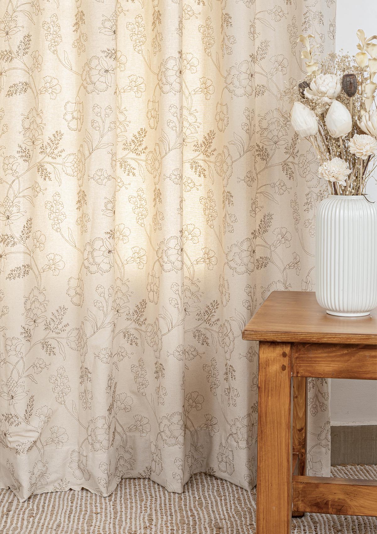 Mukta 100% Cotton Embroidery Curtain  for living room & bedroom - Light Reduction - Beige - Single Piece