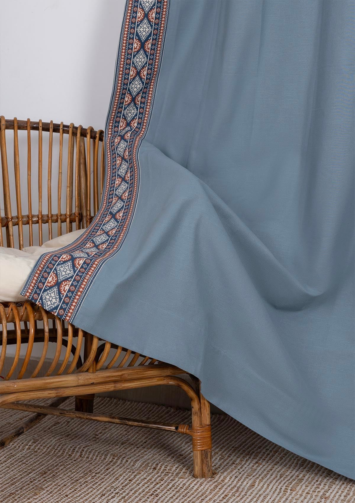 Tara Mist Blue 100% Cotton Curtain with Trim for living room & bedroom - Room Darkening - Mist Blue - Single Piece