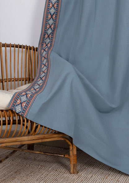Tara Mist Blue 100% Cotton Curtain with Trim for living room & bedroom - Room Darkening - Mist Blue - Single Piece