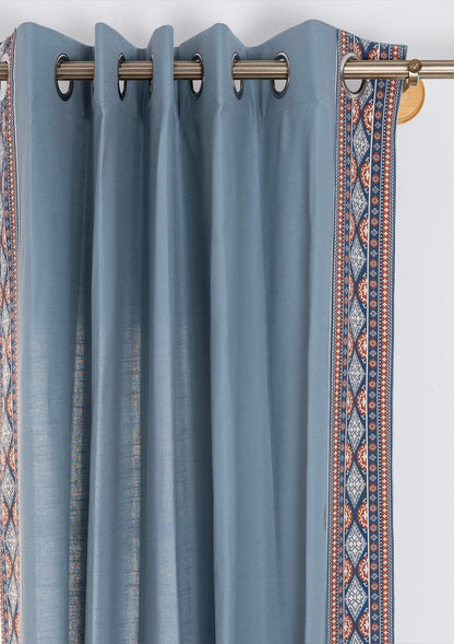 Tara Mist Blue 100% Cotton Curtain with Trim for living room & bedroom - Room Darkening - Mist Blue - Single Piece
