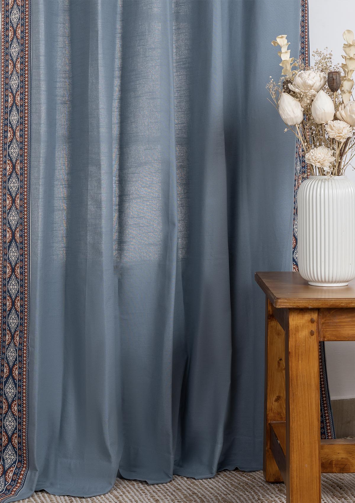 Tara Mist Blue 100% Cotton Curtain with Trim for living room & bedroom - Room Darkening - Mist Blue - Single Piece