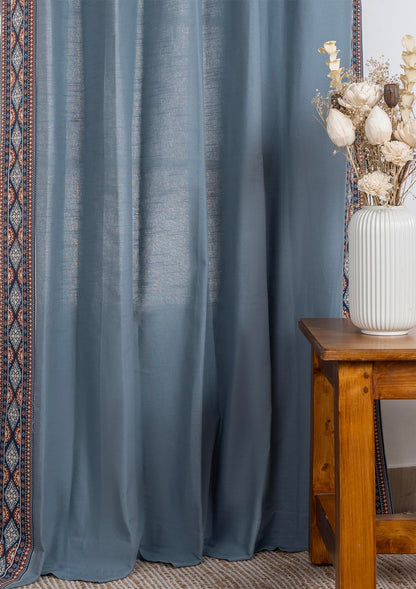 Tara Mist Blue 100% Cotton Curtain with Trim for living room & bedroom - Room Darkening - Mist Blue - Single Piece
