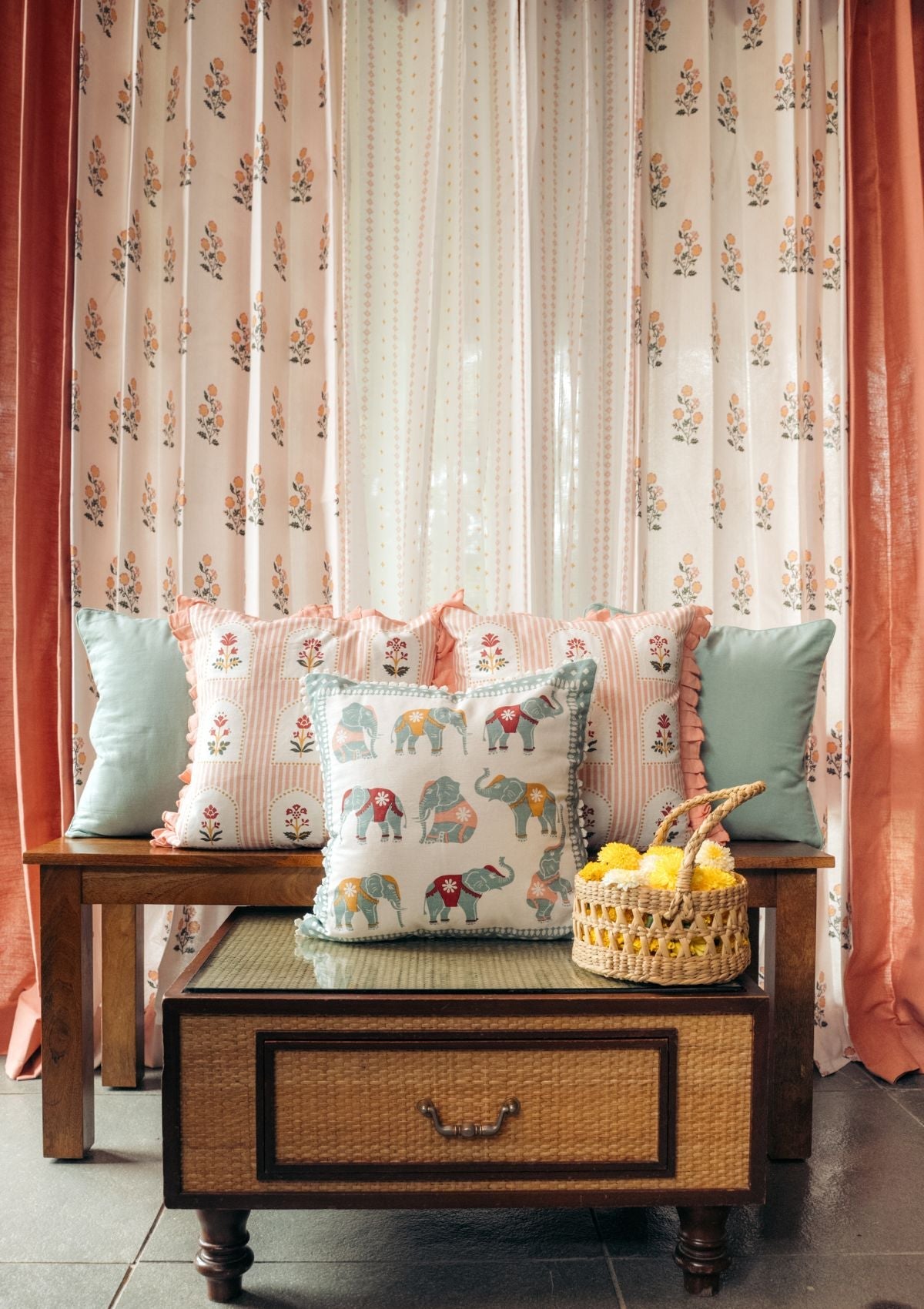 Mallige geometric minimal 100% cotton sheer curtain for living room - Light filtering - Rust and Mustard - Single Piece