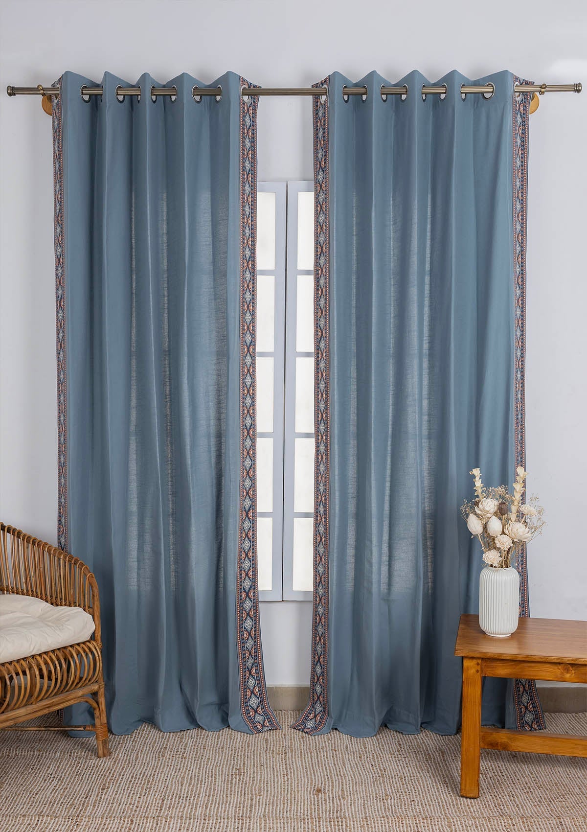 Tara Mist Blue 100% Cotton Curtain with Trim for living room & bedroom - Room Darkening - Mist Blue - Single Piece